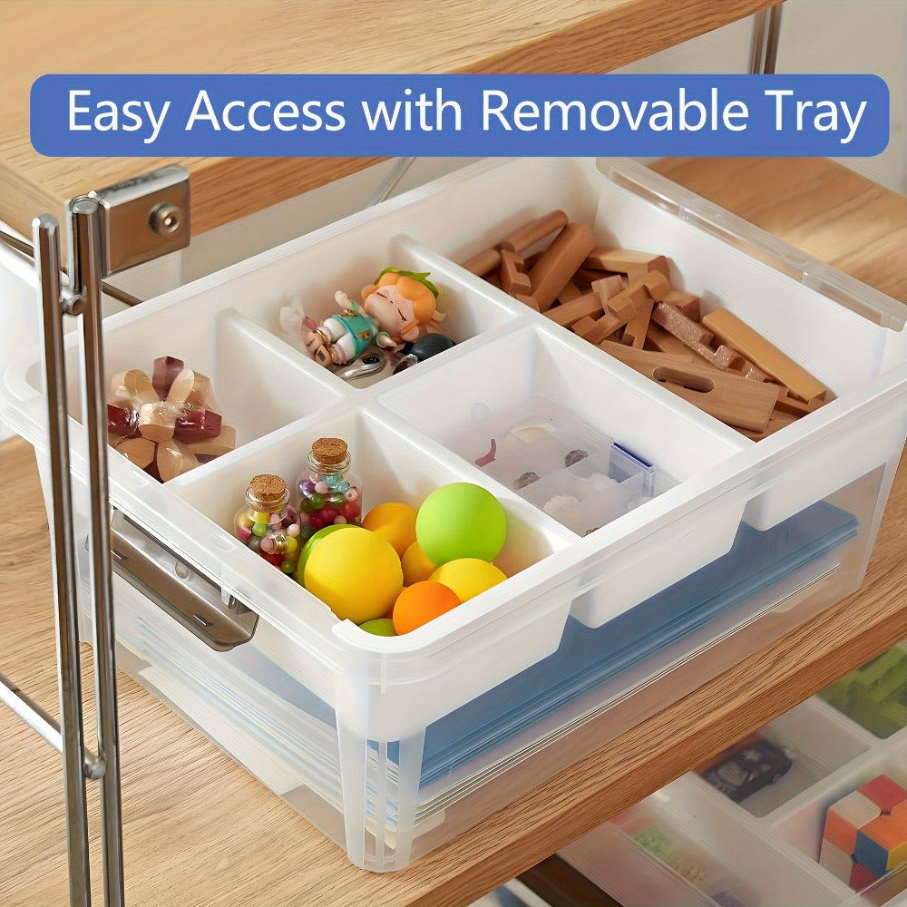 Clear Plastic Storage Boxes with Removable Tray, 2pcs Stackable Transparent Storage Containers, Multipurpose Organizer for Office Stationery, Sewing, Bathroom & Kitchen Organization