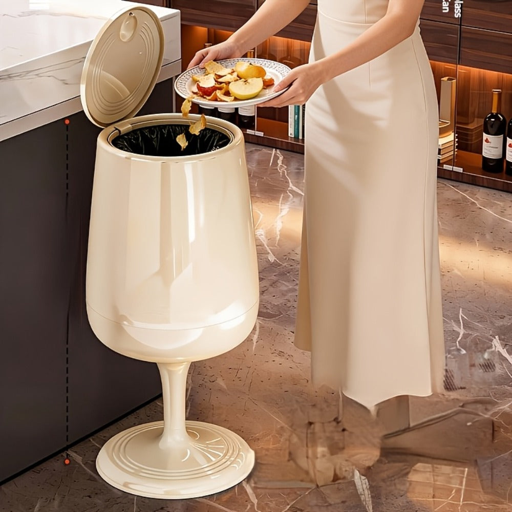 Wine Glass Shaped Trash Can Large Capacity Decorative Waste Bin with Press Pop Lid, No-Bend Standing Design, Luxury Stylish Dual-Bucket for Living Room Kitchen Bedroom Home Decor