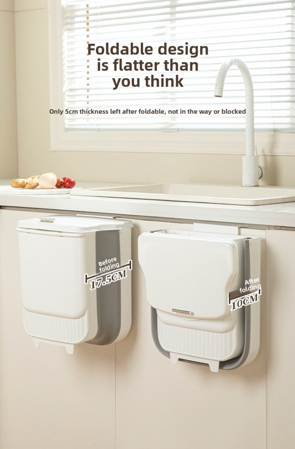 Collapsible Trash Can with Lid Wall Mounted Cabinet Door Hanging Waste Bin 1.85 Gallon Kitchen Bathroom Odor Control Space Saving Garbage Can