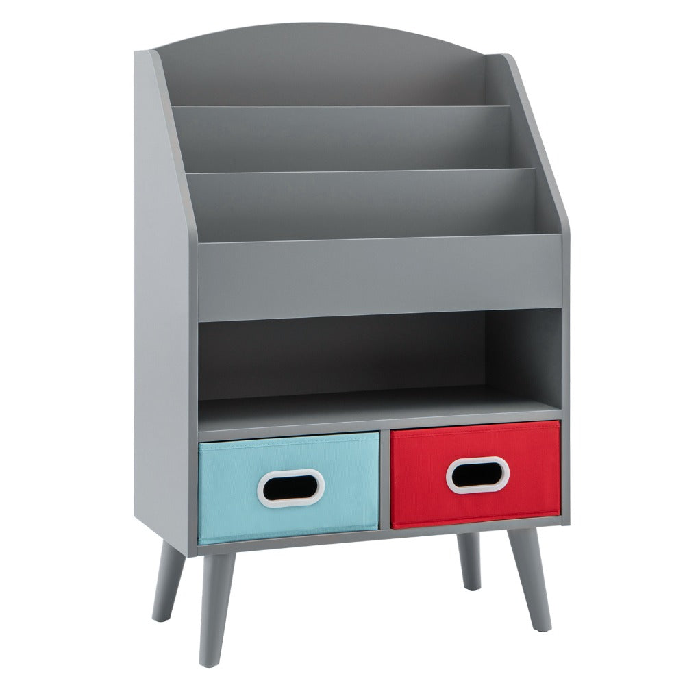 Kids Bookshelf 3-Tier with 2 Fabric Bins Open Compartments Anti-Tip Safety Design Sturdy MDF Children Book Organizer Display Rack for Playroom Nursery Classroom Bedroom Toddlers Age 3+