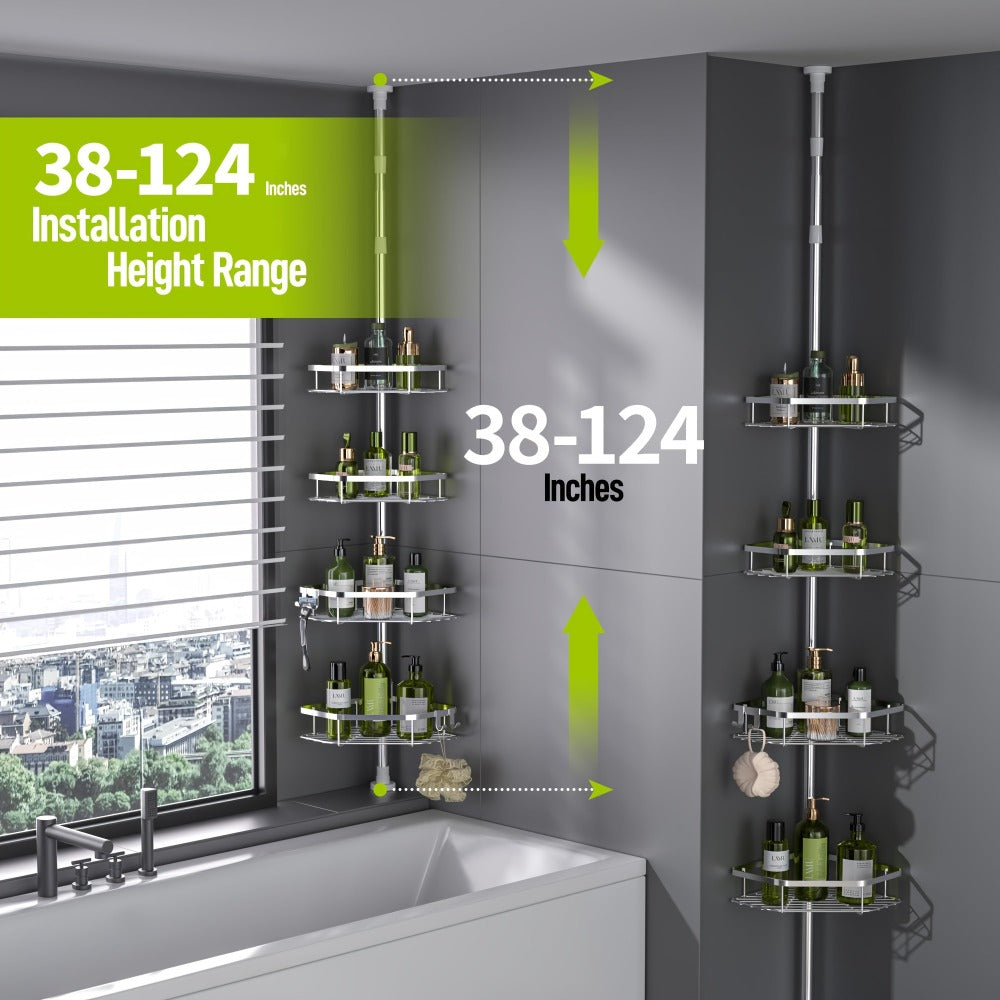 Corner Shower Caddy Tension Pole No Drilling Shower Organizer Shelf with Hooks for Bathroom Bathtub Shampoo Soap Storage Adjustable Height Rustproof