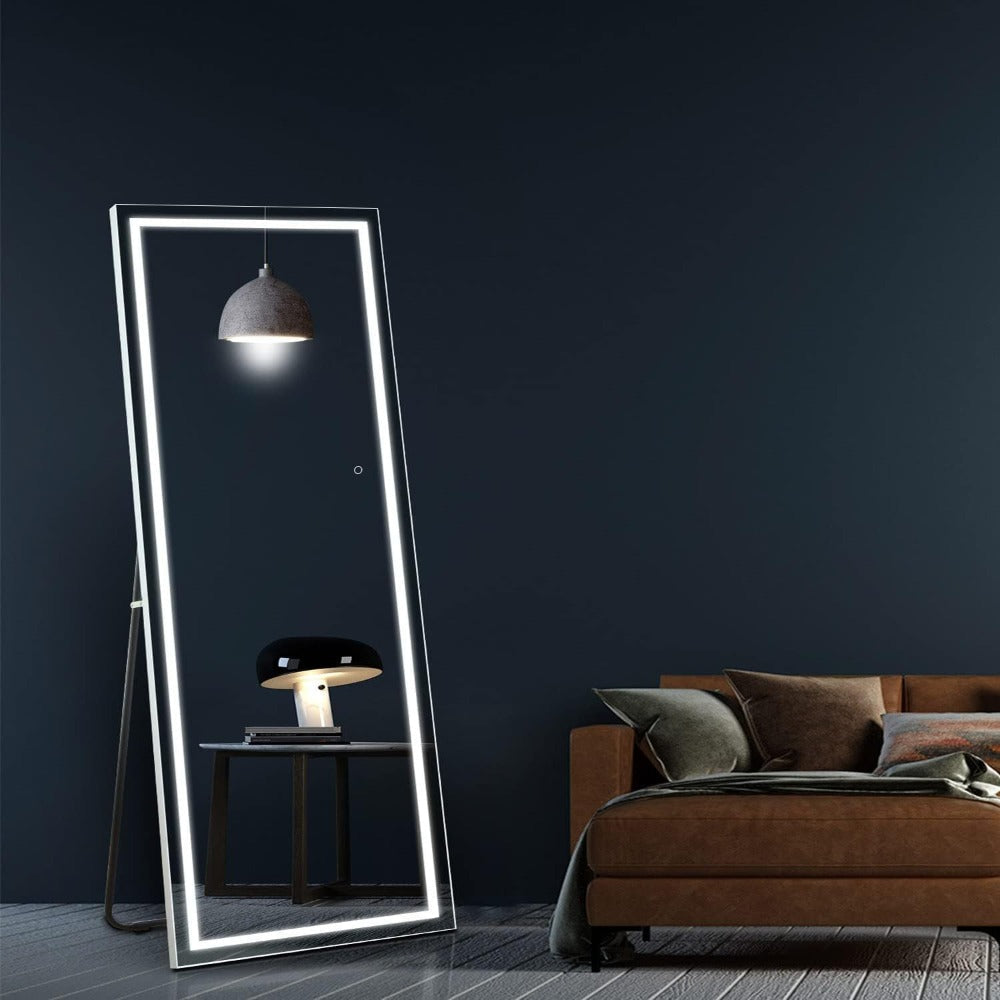 LED Full Length Mirror with Lights, Touch Control Lighted Full Body Mirror, Free Standing Wall Mounted Leaning Bedroom Mirror with LED Light Strip for Dressing Room Vanity
