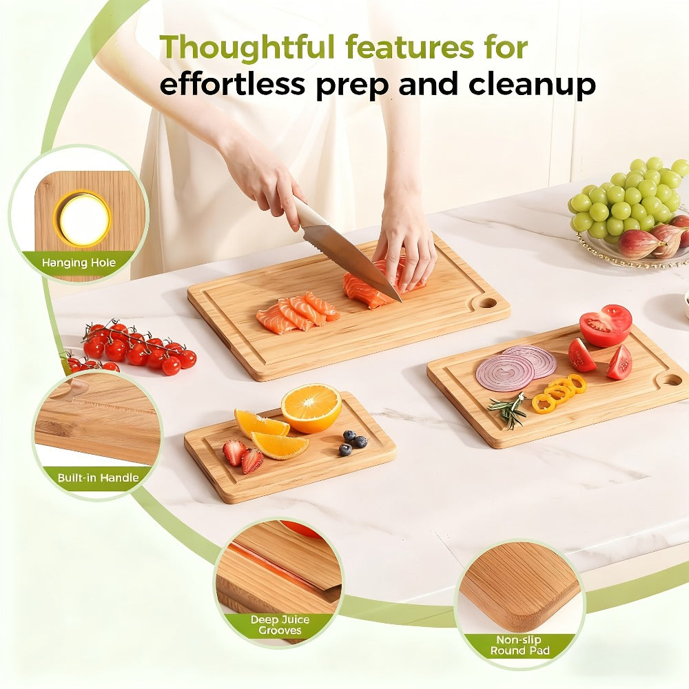 Wood Cutting Board Set of 3 Natural Wooden Chopping Boards with Juice Groove & Non-Slip Edges ¨C Reversible Design for Meat BBQ Home Kitchen Restaurant Holiday Gift