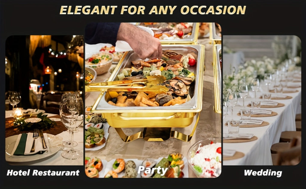 Chafing Dish Buffet Set 8QT Gold - Stainless Steel Food Warmer with Lid Foldable Stand & Golden Serving Tongs for Parties Weddings Catering Events, 1 or 4 Pack