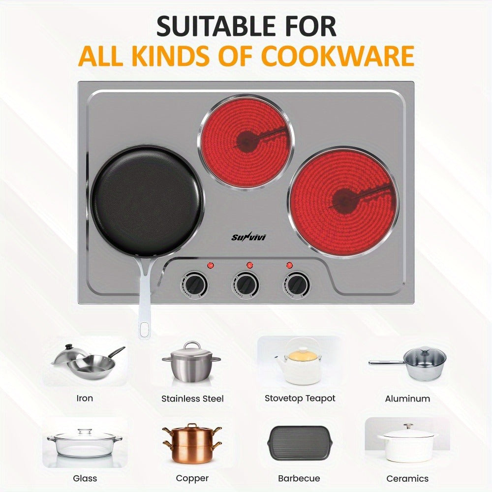 Portable Electric Cooktop Triple Burner 1800W ¨C Royalcraft Countertop Electric Stove with Knob Control, Indicator Light, Compatible with All Cookware, Silver