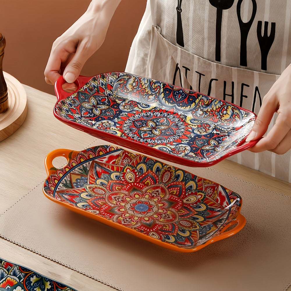 Ceramic Serving Platter Set of 4, Bohemian Rectangular Fish Dish with Double Handles, Baking Tray for Sushi Pasta Desserts Salads Fruits, Ideal for Family Gatherings Picnics Restaurants