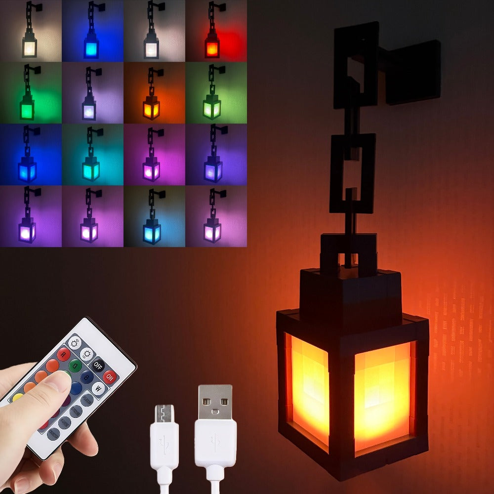 Pixel Lantern Night Light 16 RGB Colors USB Rechargeable Remote Control Wall Mounted Ambient Mood Light Bedside Lamp for Gaming Room Bedroom Kids Room Halloween Christmas Birthday Gift Decor