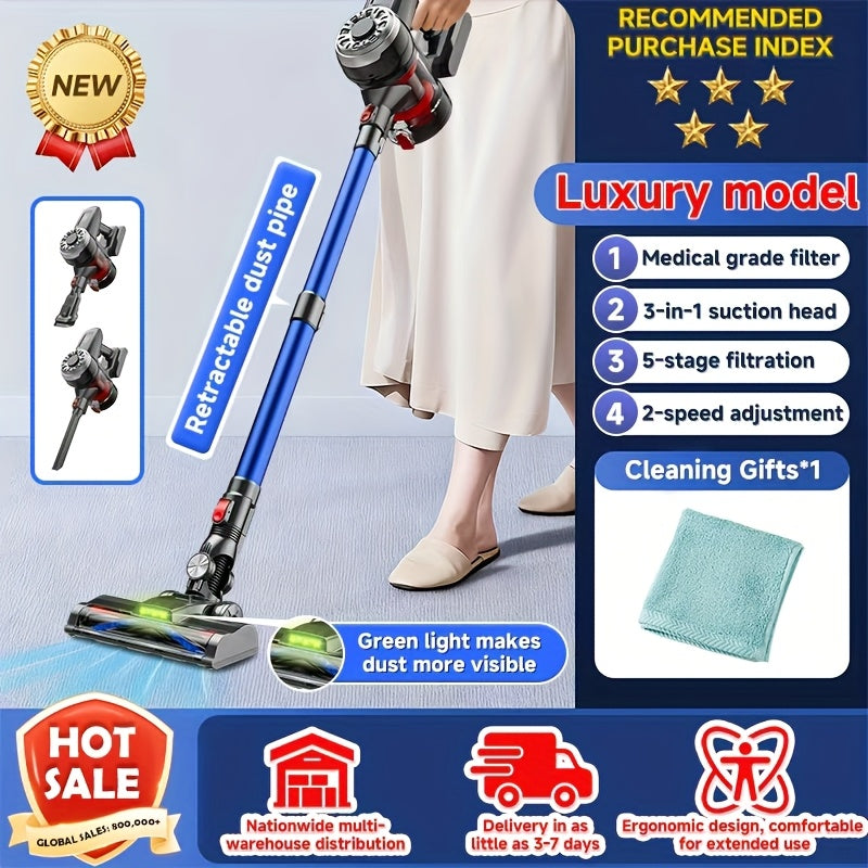 Cordless Vacuum Cleaner with Green Light Indicator, Brushless Motor Rechargeable Handheld Stick Vacuum for Home Car Carpet Pet Hair Hardwood Floor, 2L Dust Cup 45-Min Runtime Multi-Filter Portable Design