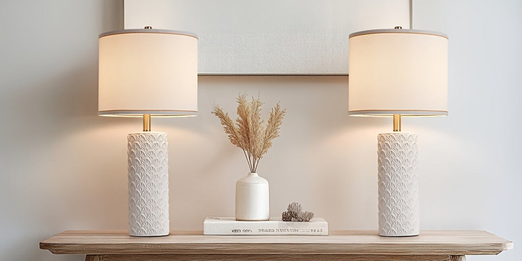 Ceramic Table Lamp ¨C Modern Farmhouse Bedside Lamp with Drum Shade, 3 Color Temperature, Knob Switch, 9W LED Bulb Included, Rustic Nightstand Desk Light for Bedroom Living Room Office Dorm (Multiple Colors)