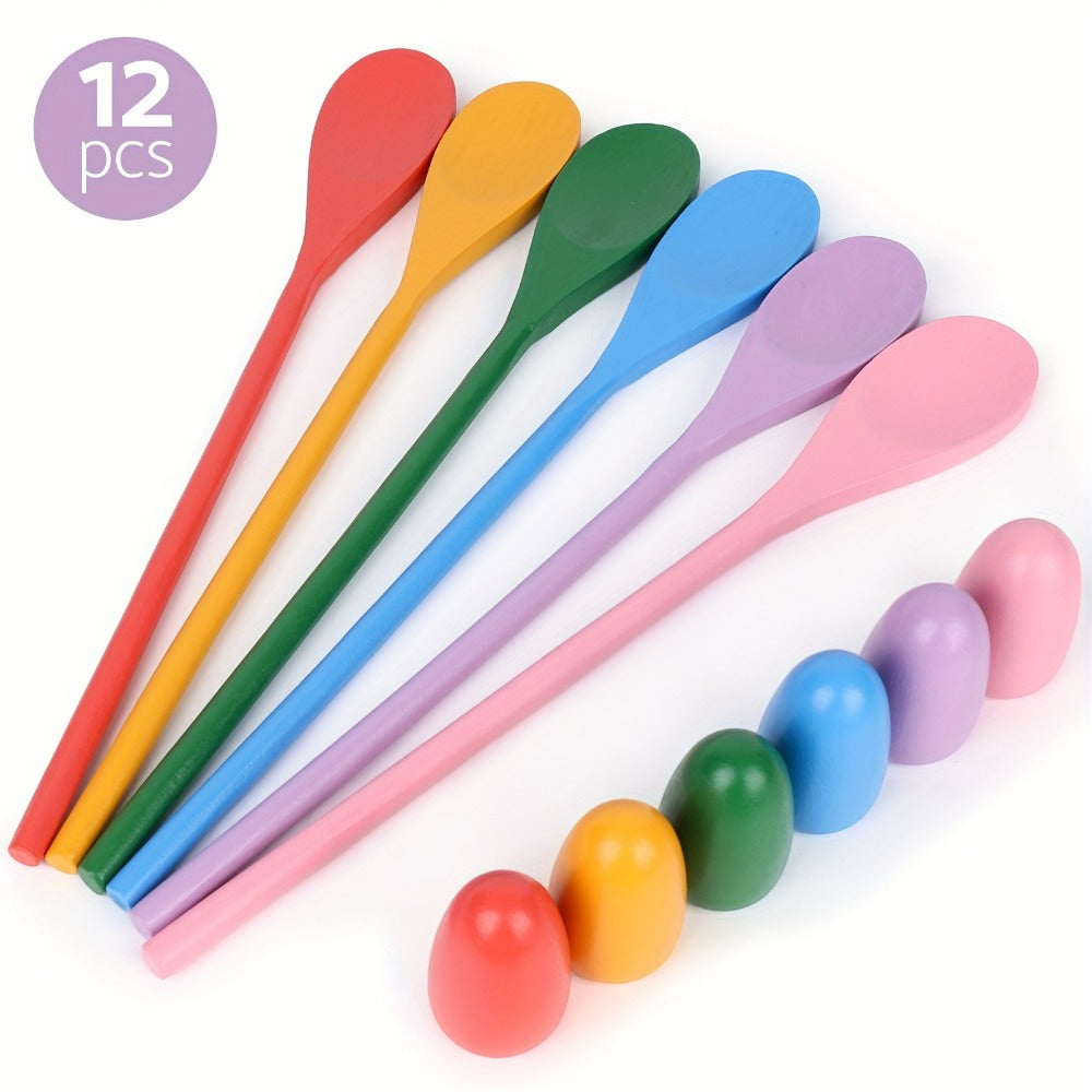 Egg Spoon Race Game Set 12pcs ¨C Wooden Egg & Spoon Balance Relay Race Outdoor Lawn Game for Kids, Easter, Birthday Party, Carnival, School Activity