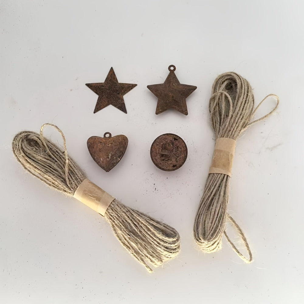 Christmas Bells Decorations 62pcs Set ¨C Rustic Iron Jingle Bells with Heart, Star & Round Shapes, Vintage Craft Bells with 2 Rolls of Rope for Christmas Tree, Party & Home Decor DIY Ornaments