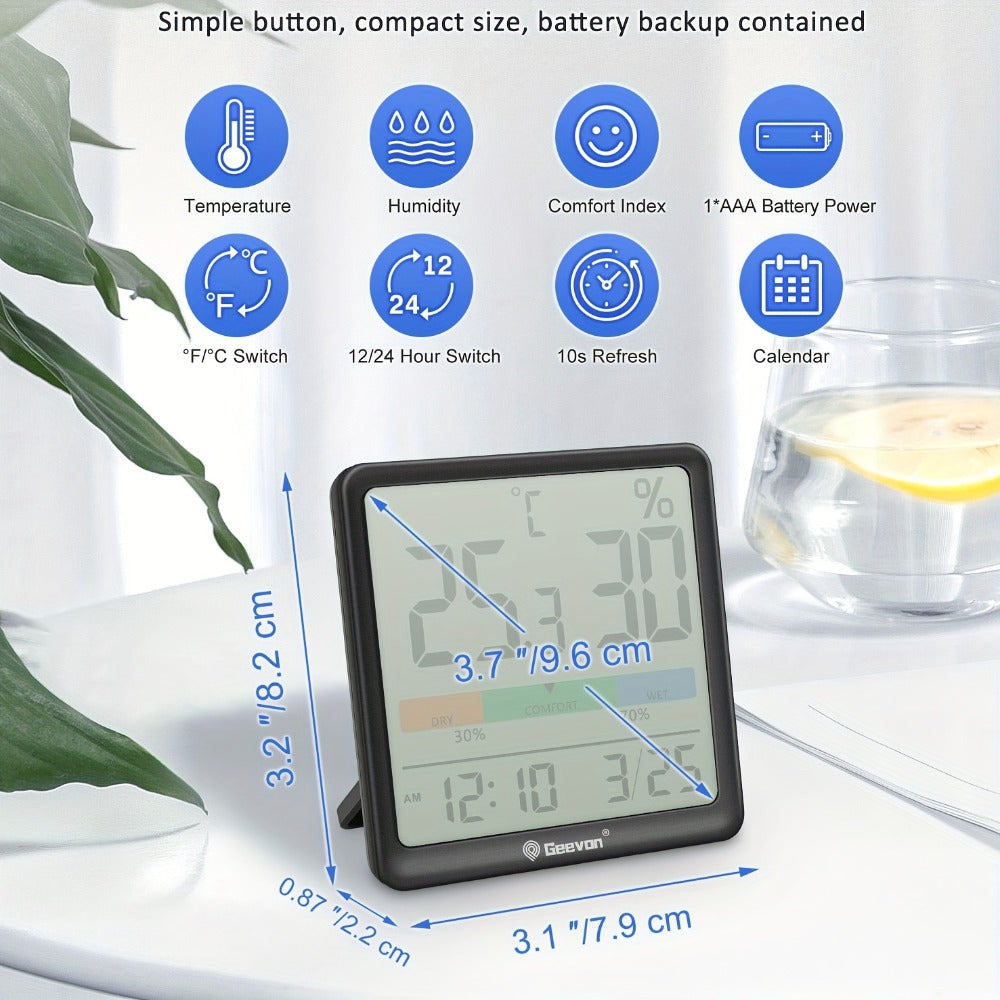 Indoor Thermometer Hygrometer Digital | Accurate Temperature Humidity Monitor with Clock & Calendar | Desktop Room Humidity Gauge for Home Office Bedroom Baby Room