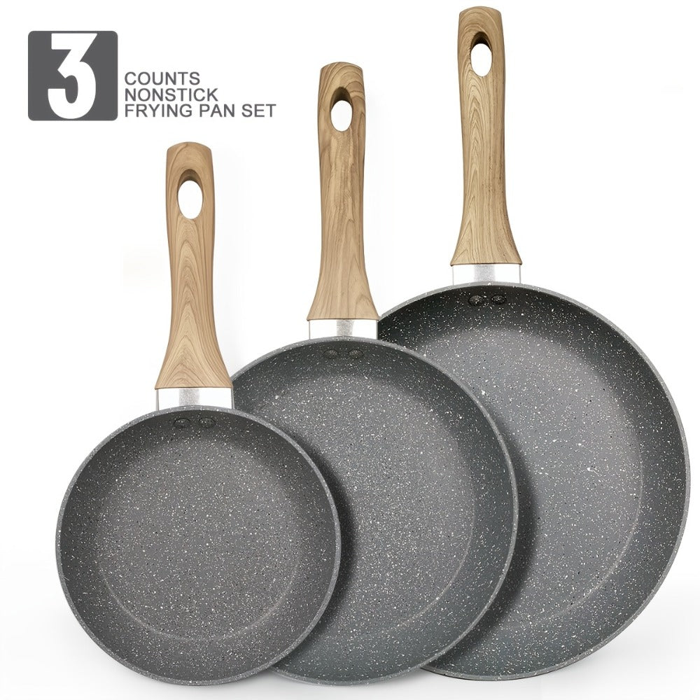 Non-Stick Frying Pan Set 3-Piece 7 9.5 11 Inch ¨C Dishwasher Safe Skillet Set with Insulated Handle | Induction Compatible Home Kitchen Pans in Beige Grey & Black | Durable Even-Heating Cookware