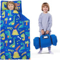 Kids Nap Mat with Removable Pillow & Minky Blanket - Soft Roll-Up Sleeping Bag for Boys Girls, Blue Dinosaur Design, Preschool Kindergarten Daycare Sleepover, Ages 3+, 55''x30''
