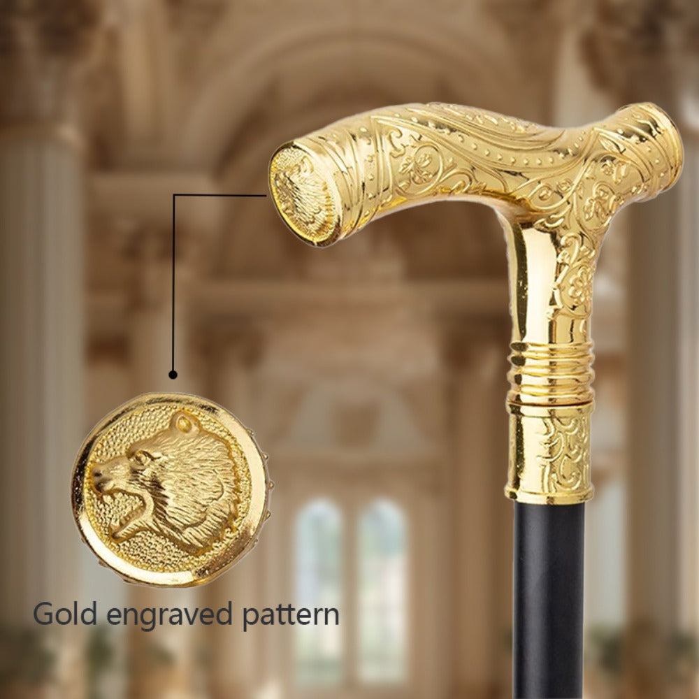 Walking Cane with Bear Head Handle Decorative Gentleman Stick Carved Flower Relief Knob Cane Fashion Mobility Aid Staff 35.4 Inch Golden