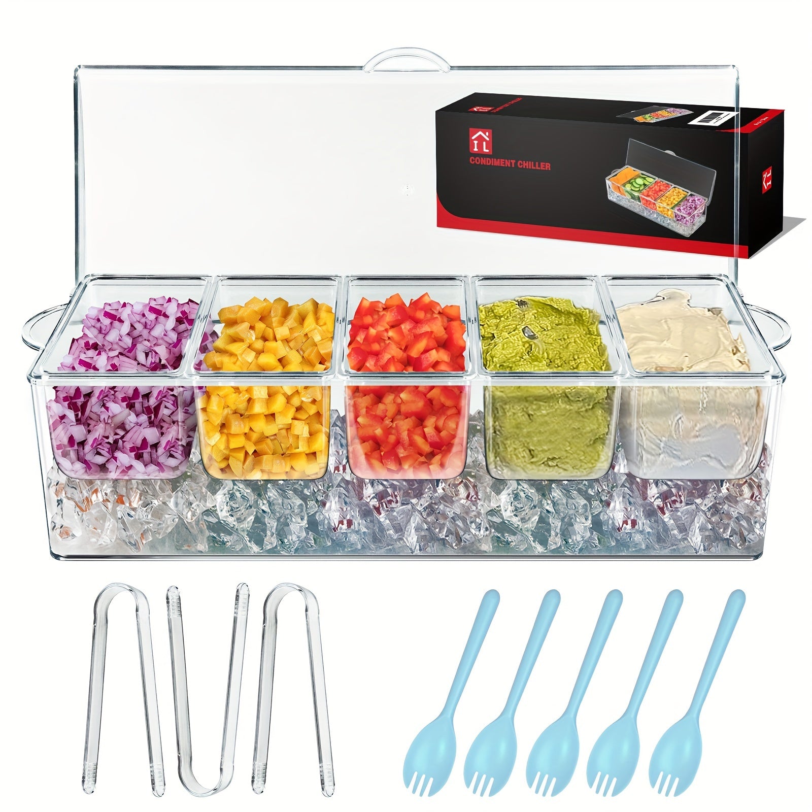 Bar Serving Tray on Ice with 5 Compartments & Lid ¨C Garnish Condiment Platter with 5 Forks & 3 Pliers, Clear Fruit Tray for Bar, Party & Entertaining