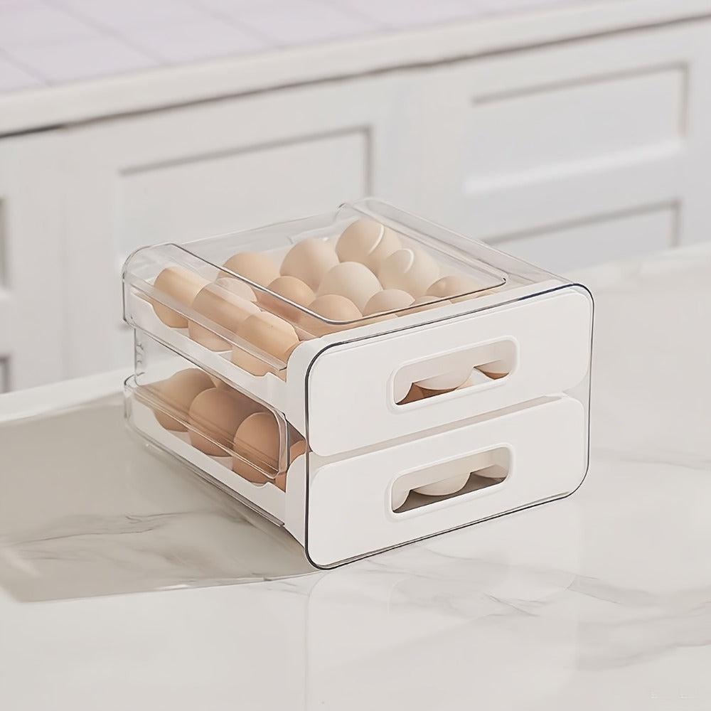 Egg Storage Container 32 Grid Double Layer with Drawer | Fridge Egg Holder Organizer | Sturdy PET+PP Stackable Egg Tray for Refrigerator, Keeps Eggs Fresh & Organized