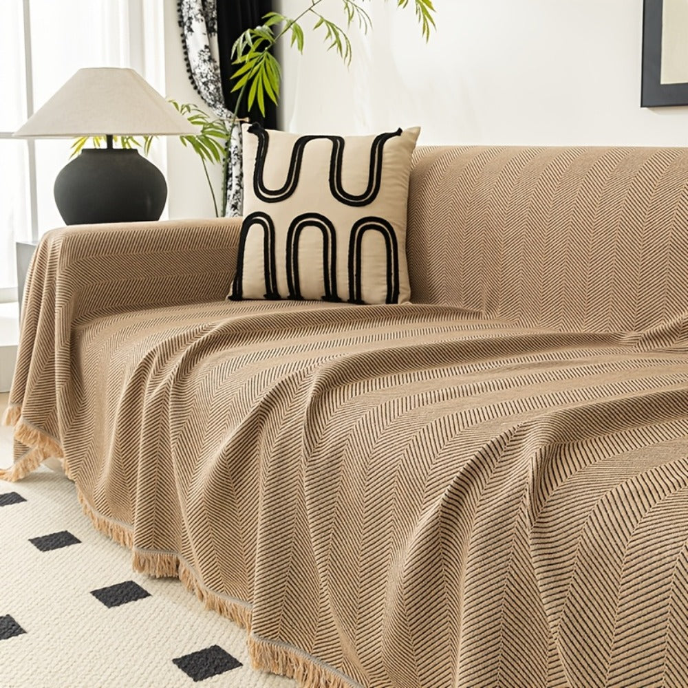Herringbone Sofa Throw Cover with Tassels Jacquard Woven Solid Color Washable Polyester Sofa Blanket Slipcover for 3 4 Seater Couch Living Room - Grey Coffee Green Blue