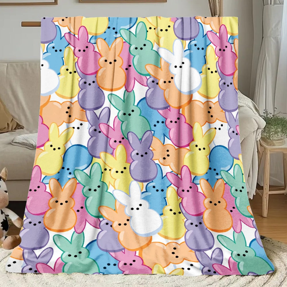 Easter Rabbit Flannel Throw Blanket - Bohemian Pastel Bunny HD Print Soft Warm Lightweight All-Season Throw for Sofa Bedroom Camping Yoga Travel, Cozy Home Decor Gift