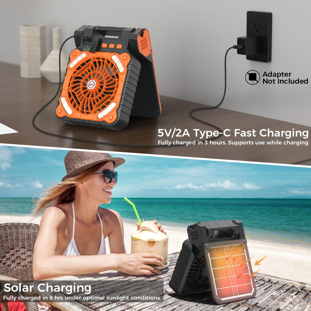 Solar Camping Fan 10400mAh Rechargeable with Solar Panel LED Light Timer USB Battery Powered 2-in-1 Fan and Light for Travel Picnic Outdoor Indoor Sleeping