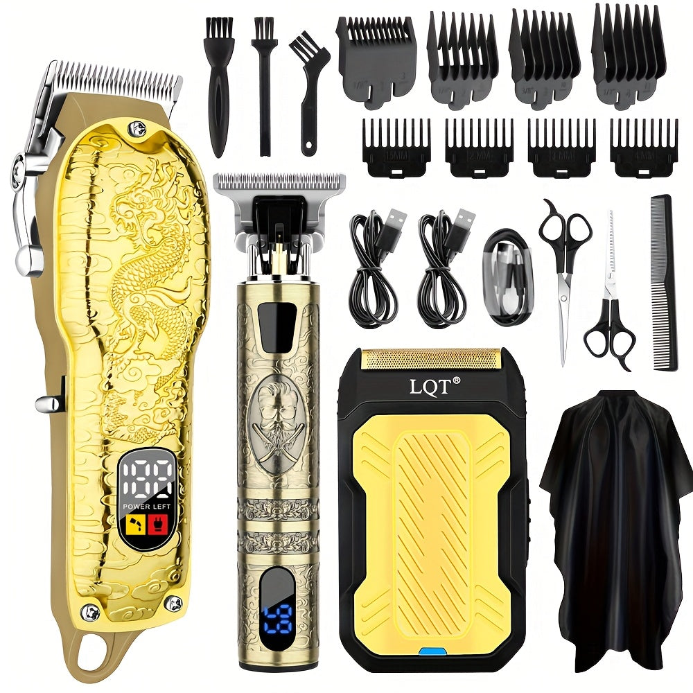 Hair Clipper Set for Men USB Rechargeable | Professional Electric Hair Trimmer with Oil Head Engraving | Retro Barber Clipper Kit 2pc 3pc | Gift Box Set for Valentine's Day, Festival & Grooming Gift