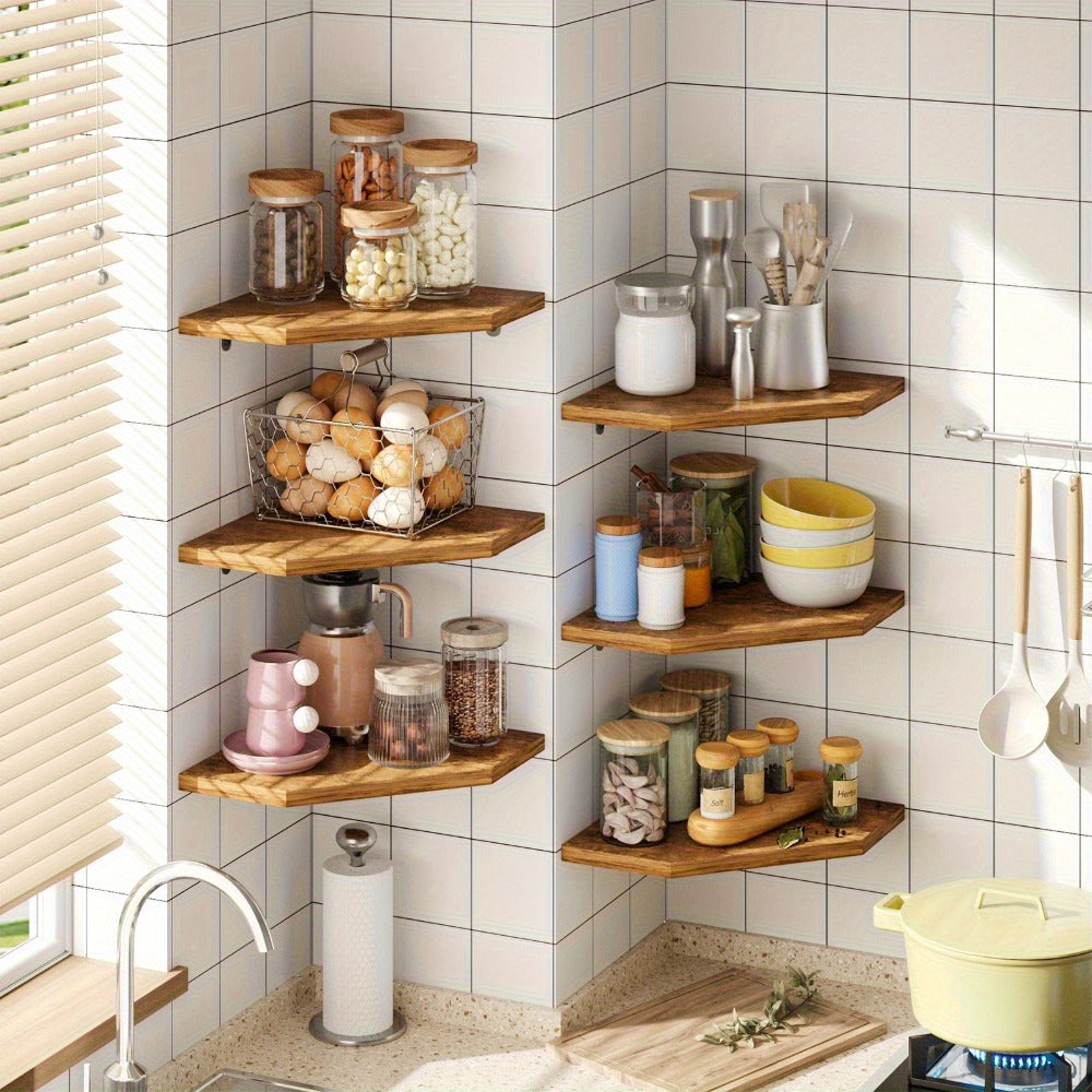 Corner Floating Wall Shelf - Rustic Wood Wall Organizer for Living Room Bedroom Bathroom Kitchen, Space-Saving Display Rack, Country Style Corner Shelf Set of 2 4 6, Brown Black White Home Decor
