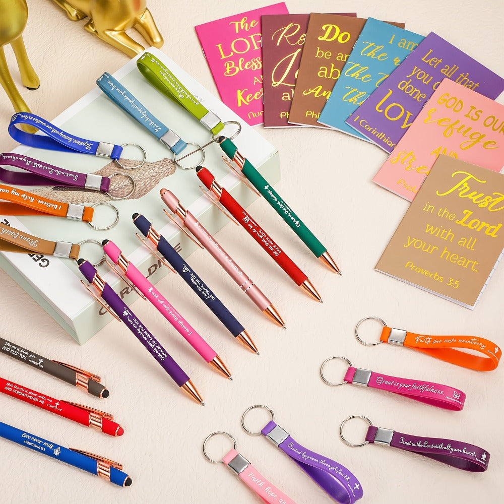 Christian Gifts Bulk Set 72pcs | Inspirational Religious Notebooks Ballpoint Pens Verse Keychains ¨C Bible Quote Party Favors for Church Office Christmas Easter Stocking Stuffers