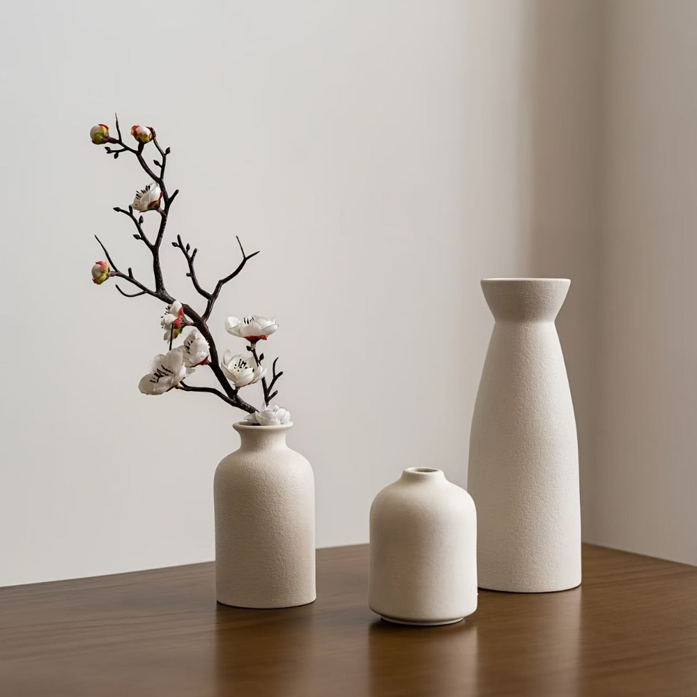 Boho Ceramic Vase Set 3pcs - Matte Nordic Minimalist Geometric Floral Design for Home Decor, Living Room, Entryway, Bookshelf & Bathroom Vanity, Modern Bohemian Decorative Vases, Holiday Gift