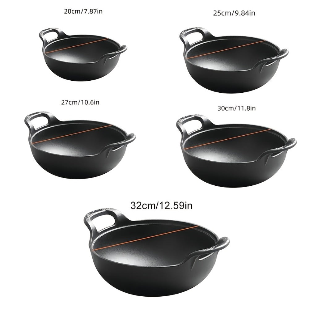 Cast Iron Wok Skillet Non-Stick Deep Stir Fry Pan with Dual Handles - Heavy Duty Uncoated Traditional Cooking Pot Multi-Size 9.84 10.62 11.81 12.59 Inch for Home Outdoor Grilling Baking