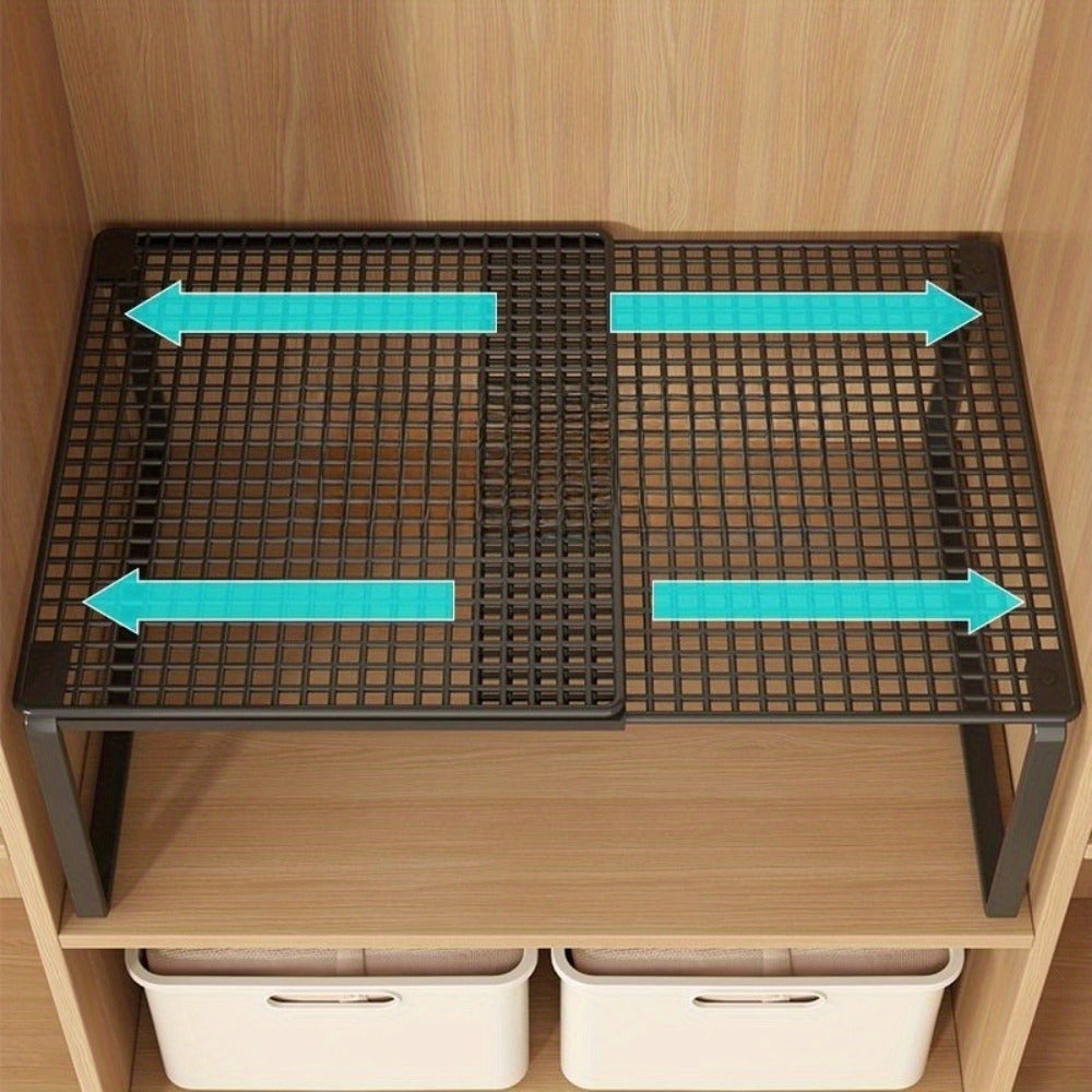 Expandable Cabinet Shelf Organizer, Heavy-Duty Metal Height-Adjustable Wardrobe Shelf Divider ¡ª Vertical Space-Saving Storage Rack for Kitchen, Closet, Pantry & Apartment | Black & White