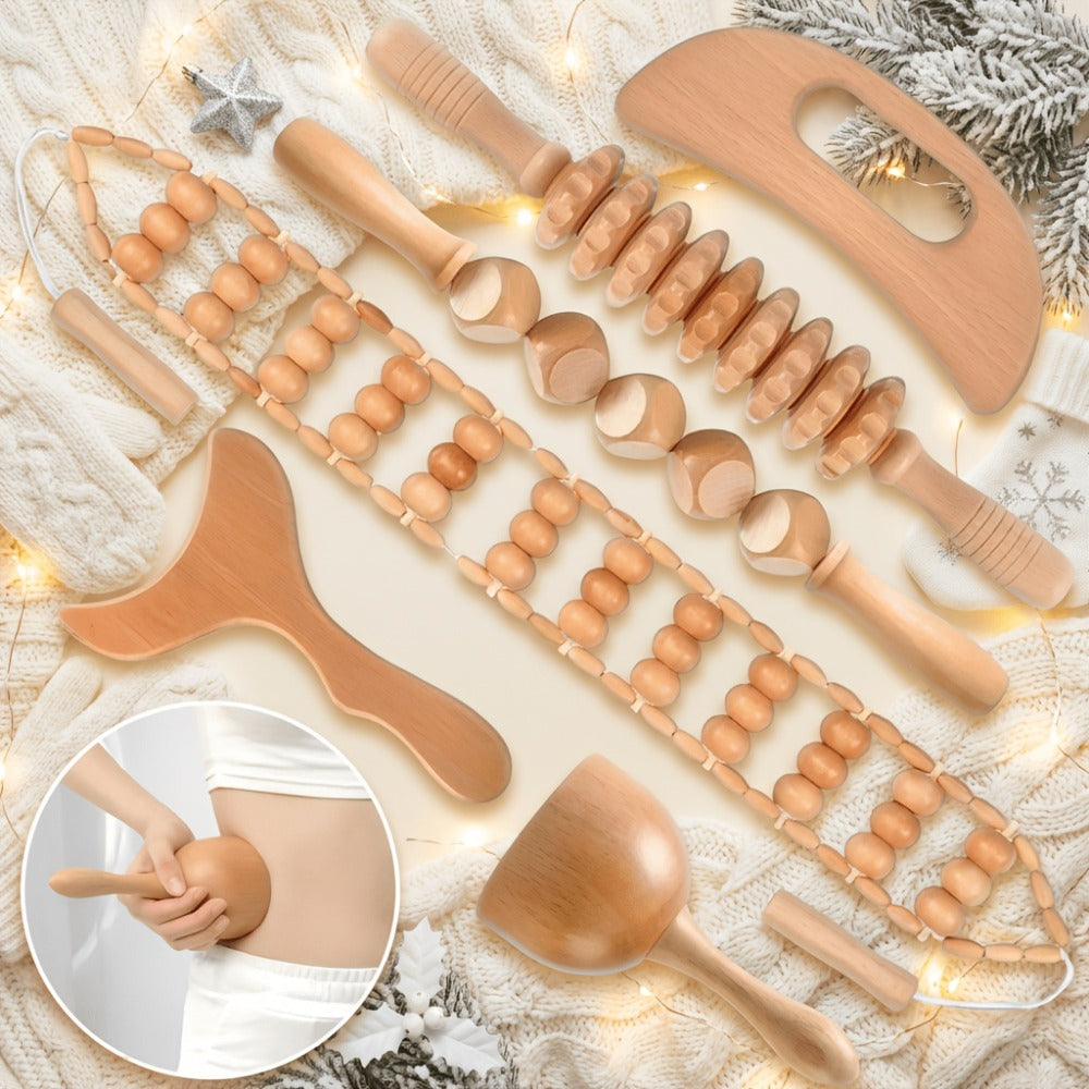 Wooden Massage Tool Set 6pcs Manual Facial Massager Kit with Wood Rollers Pointed Bead Textured Heads for Face Neck Full Body Relaxation Stress Relief Wellness Spa Gift for Women Men