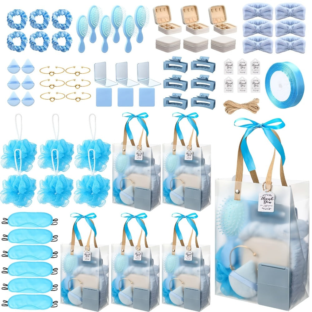 Party Favor Gift Set 74pcs ¨C Headbands, Hair Brushes, Bracelets, Mirrors, Powder Puffs, Hair Ties, Clips, Bath Sponges & Jewelry Boxes with Gift Bags for Bridal Shower, Wedding, Christmas & Events (Pink/Blue)