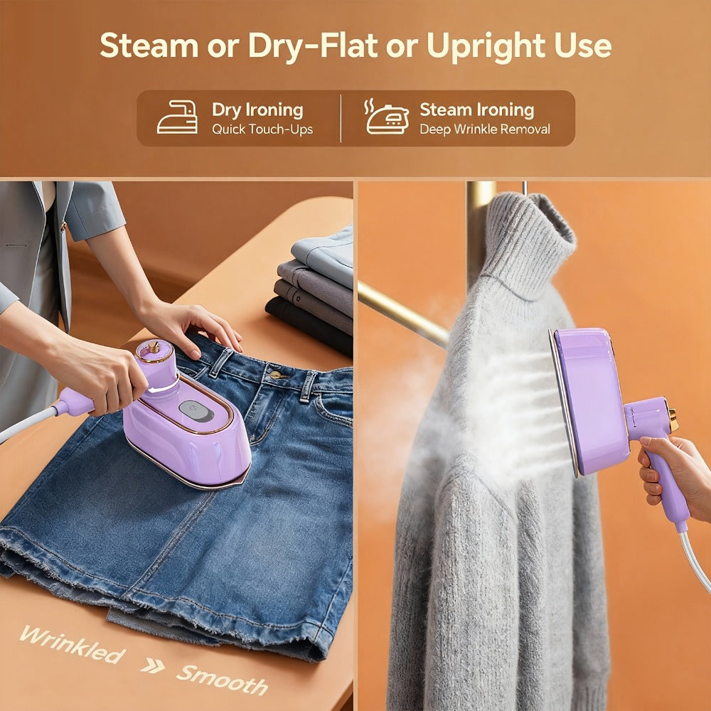 Mini Travel Steamer 2-in-1 Dry Steam Iron Foldable 180 Degree Handle 15-Second Heat 85ml Leak-Proof Tank ETL Certified for All Fabrics Home Travel Purple Black