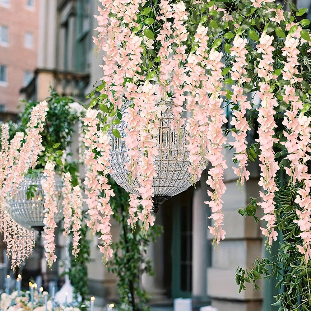 Artificial Wisteria Hanging Flowers 24pcs Fake Wisteria Vine Garland Silk Flower String for Wedding Home Party Backdrop Wall Decor Light Pink
