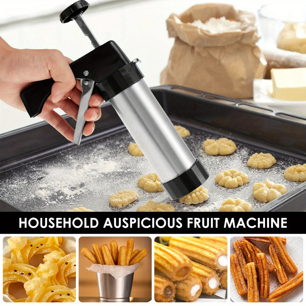 Cookie Press Kit Stainless Steel - 16 Cookie Discs & 8 Icing Tips, Biscuit Press Maker for Christmas Holiday Baking, Cake Dessert Decorating Tool Set with Cleaning Brush