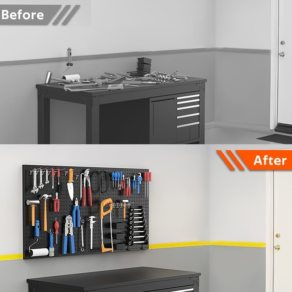 Pegboard Wall Organizer with Metal Hooks - Heavy Duty Garage Tool Storage Board for Workshop Warehouse Wall Mount - Space Saving Tool Rack System for Garage Organization