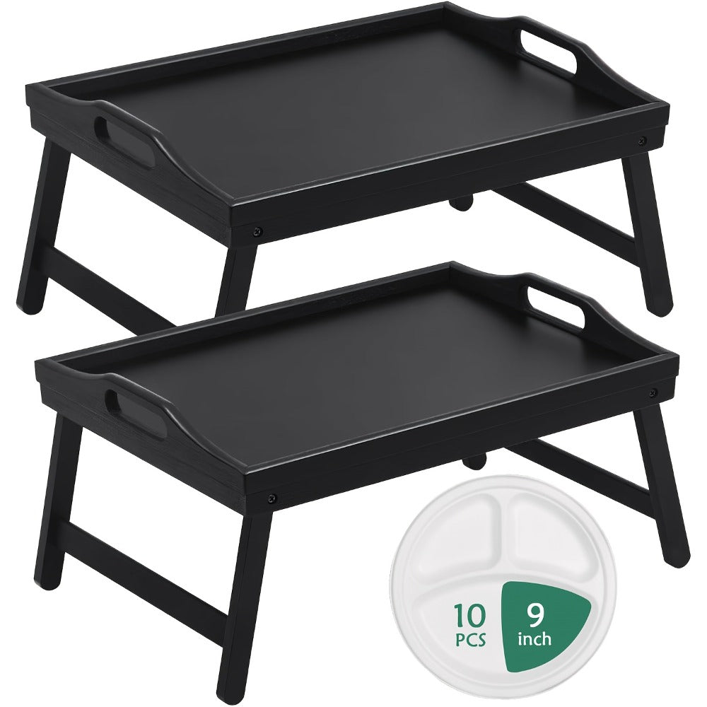 Bamboo Bed Tray Table with Foldable Legs & Handles, Breakfast Tray for Eating, Working & Snacking in Bed ¡ª Food-Safe, Durable Lap Desk | White, Black, Natural Bamboo | 1 or 2 Pack
