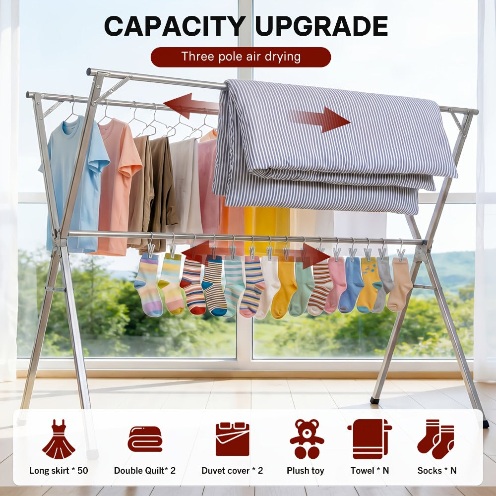 Foldable Clothes Drying Rack 3-Bar ¨C Heavy Duty Stainless Steel Collapsible Laundry Rack, Retractable 63¡± or 79¡± for Indoor & Outdoor Use ¨C Freestanding Portable Clothesline Drying Rack
