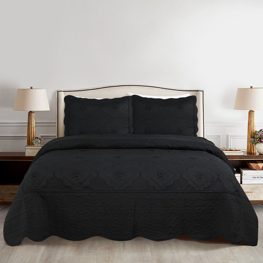 Quilt Set 3 Piece Floral Embroidery Bedspread - 100% Polyester Wrinkle Resistant Lightweight Quilted Coverlet with 2 Pillow Shams for Full Queen King Bed, Elegant Bedroom Decor in 19 Colors