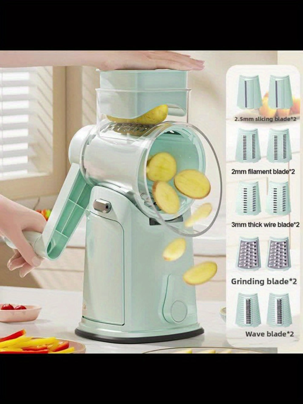 Rotary Cheese Grater with Handle 10 Interchangeable Blades Suction Cup Base Easy Clean Kitchen Slicer for Cheese Vegetables Fruits Nuts