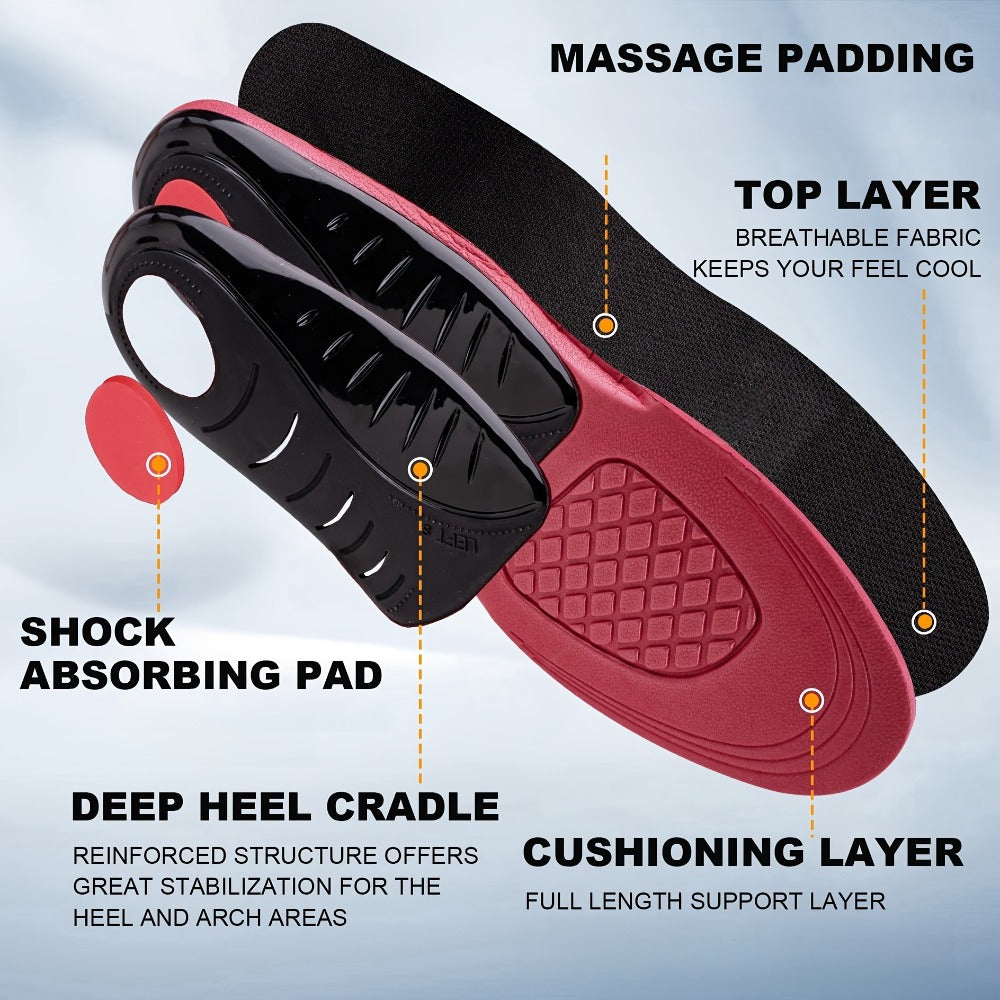 Athletic Insoles EVA Arch Support ¨C Shock Absorbing, 210+ Lbs Load Capacity, Red & Black Design for Running, Hiking, Work Boots & Sneakers