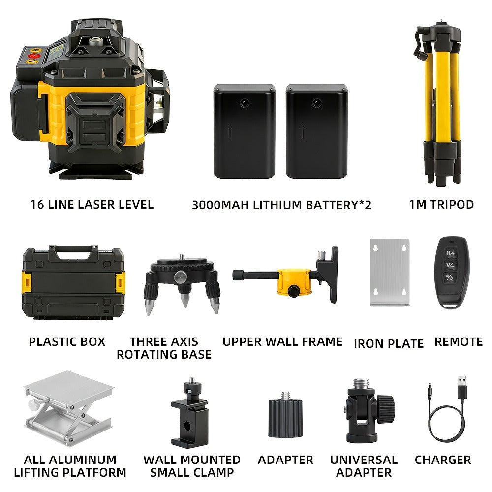 16-Line Laser Level Kit 4D 360 Self Leveling with 2x 3000mAh Battery 39 Inch Tripod Remote Control Lifting Platform for Construction Tile Renovation Wall Floor Alignment