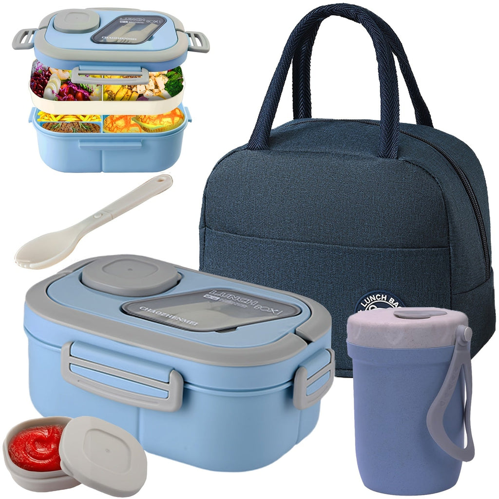 2-Layer Bento Lunch Box Set with Cup and Meal Bag - Multi-Grid Lunch Box for School, Office & Outdoor Picnics, Food Storage Container with Milk Cup, Salad Cup, Coffee Cup or Soup Bowl, Pink Blue Green White