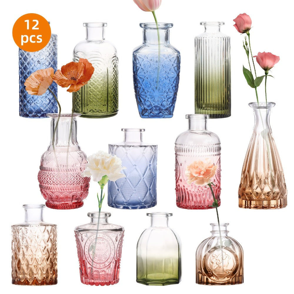 Glass Bud Vase Set 12pcs Bulk Mini Vintage Flower Vases Multicolor Relief Design - Centerpiece Decor for Wedding Home Table Party Living Room Boho Floral Arrangement