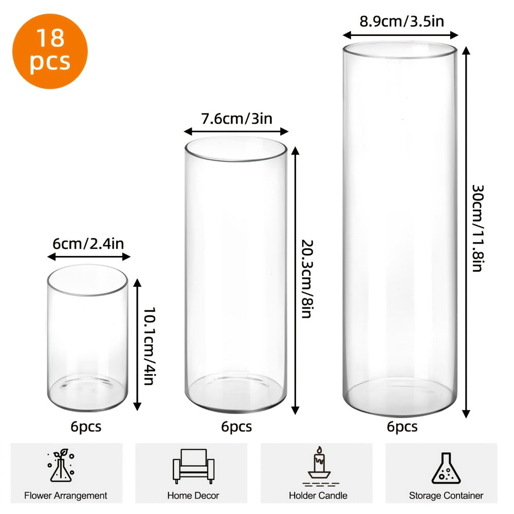 Glass Cylinder Vases Set 18pcs 24pcs - 3 Sizes 4in 8in 12in Tall Clear Candle Holders for Wedding Centerpieces Party Table Decor Halloween Decorations Flower Vase Home Decor