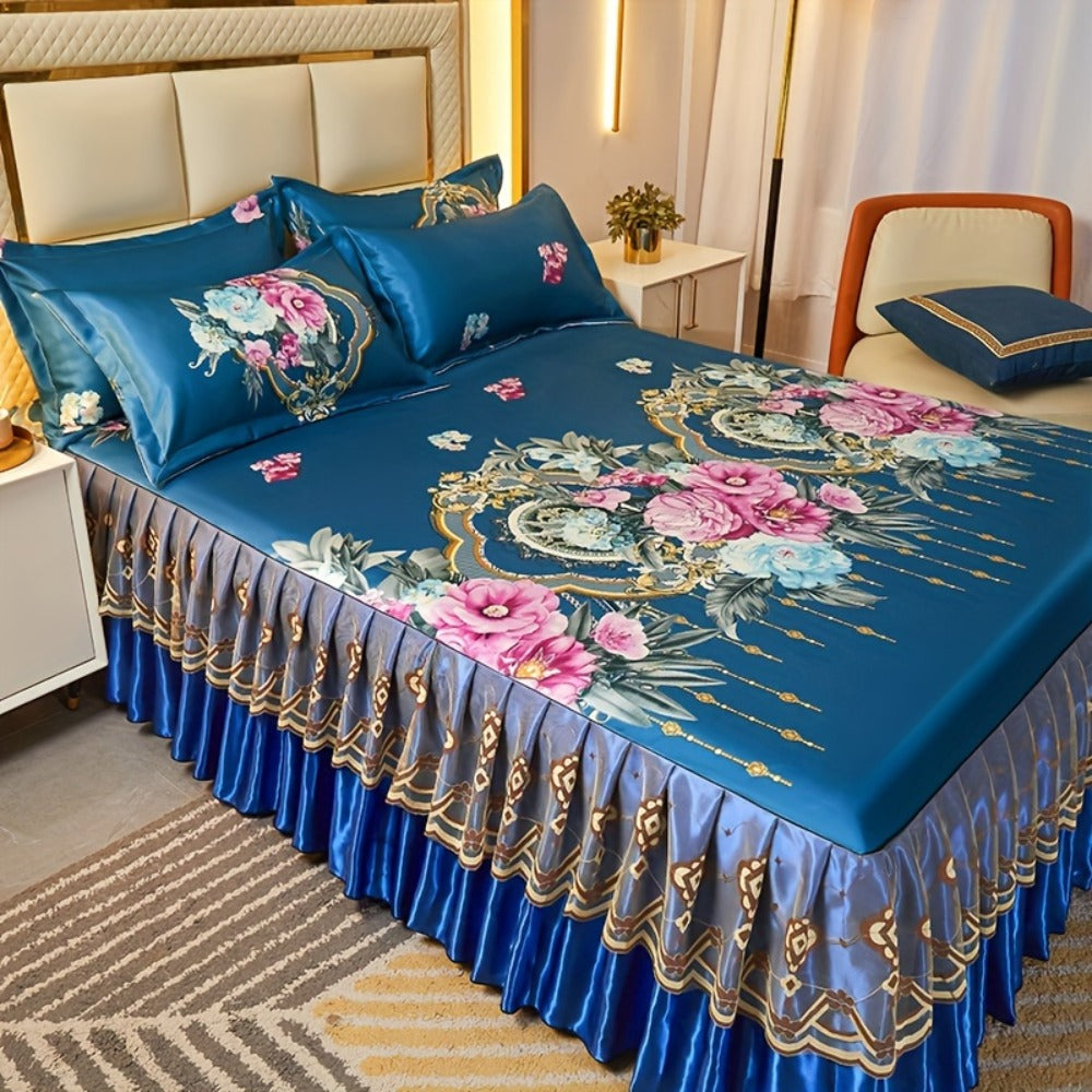 Floral Ruffle Bed Skirt Cool Mat 3 Piece Set with Pillowcase, Double Layer 360¡ã Full Wrap Washable Cooling Mattress Cover, Breathable Summer Bedding Set for Twin Full Queen King, Parisian Romantic Floral