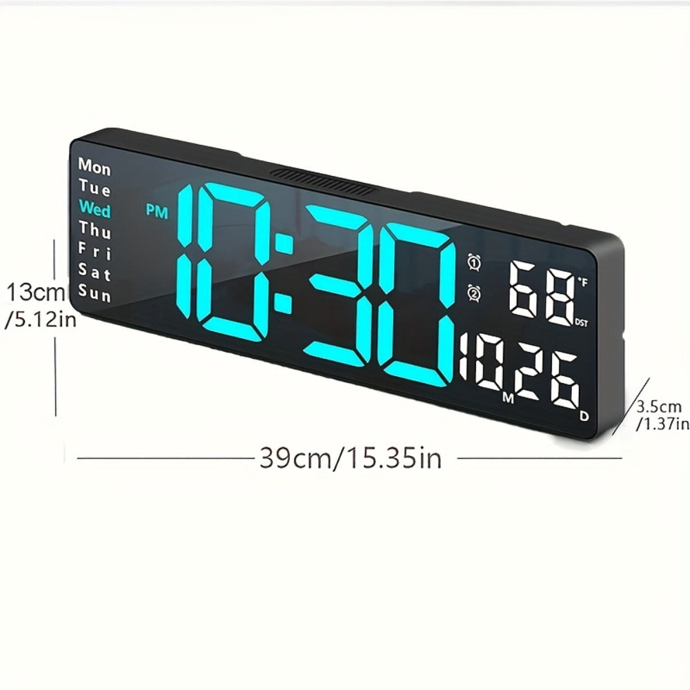 Large Digital Wall Clock 16 Inch LED Color Display, Smart Auto-Dimming 10-Level Brightness, Time Temperature Humidity Monitor, Dual Alarm with Snooze, USB Powered with Remote Control for Living Room Office Bedroom