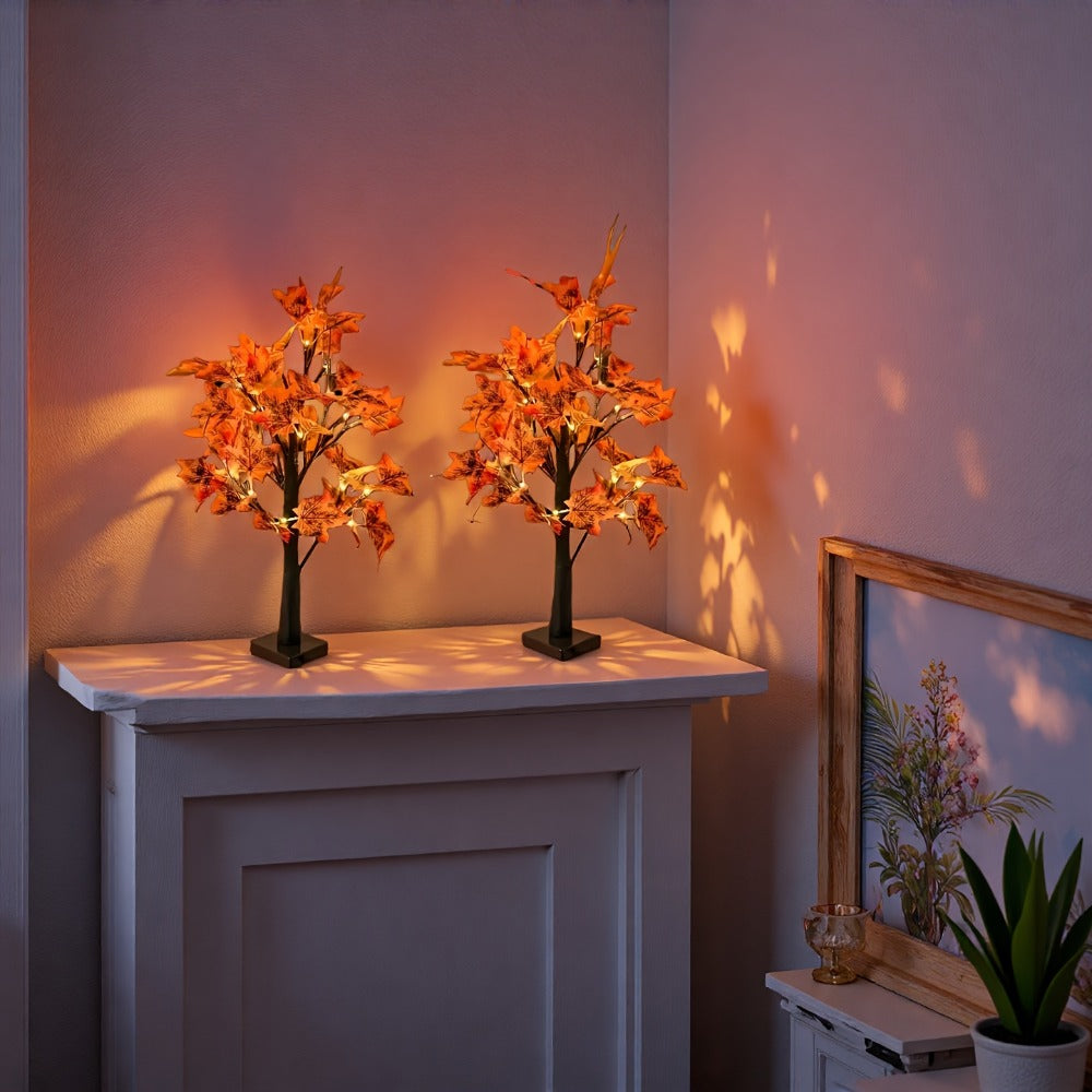 LED Maple Leaf Tree Decor Light Up Desktop Ornament 2 Pack | 24 LED Battery Powered Warm Light | Autumn Thanksgiving Table Lamp for Home Bedroom Party Wedding Holiday Gift