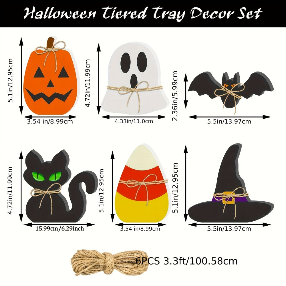 Halloween Wooden Decorations Set of 6 ¨C Freestanding Rustic Table Signs with Pumpkin, Ghost, Bat, Black Cat, Witch Hat & Candy Corn, Farmhouse Tiered Tray & Mantle Decor