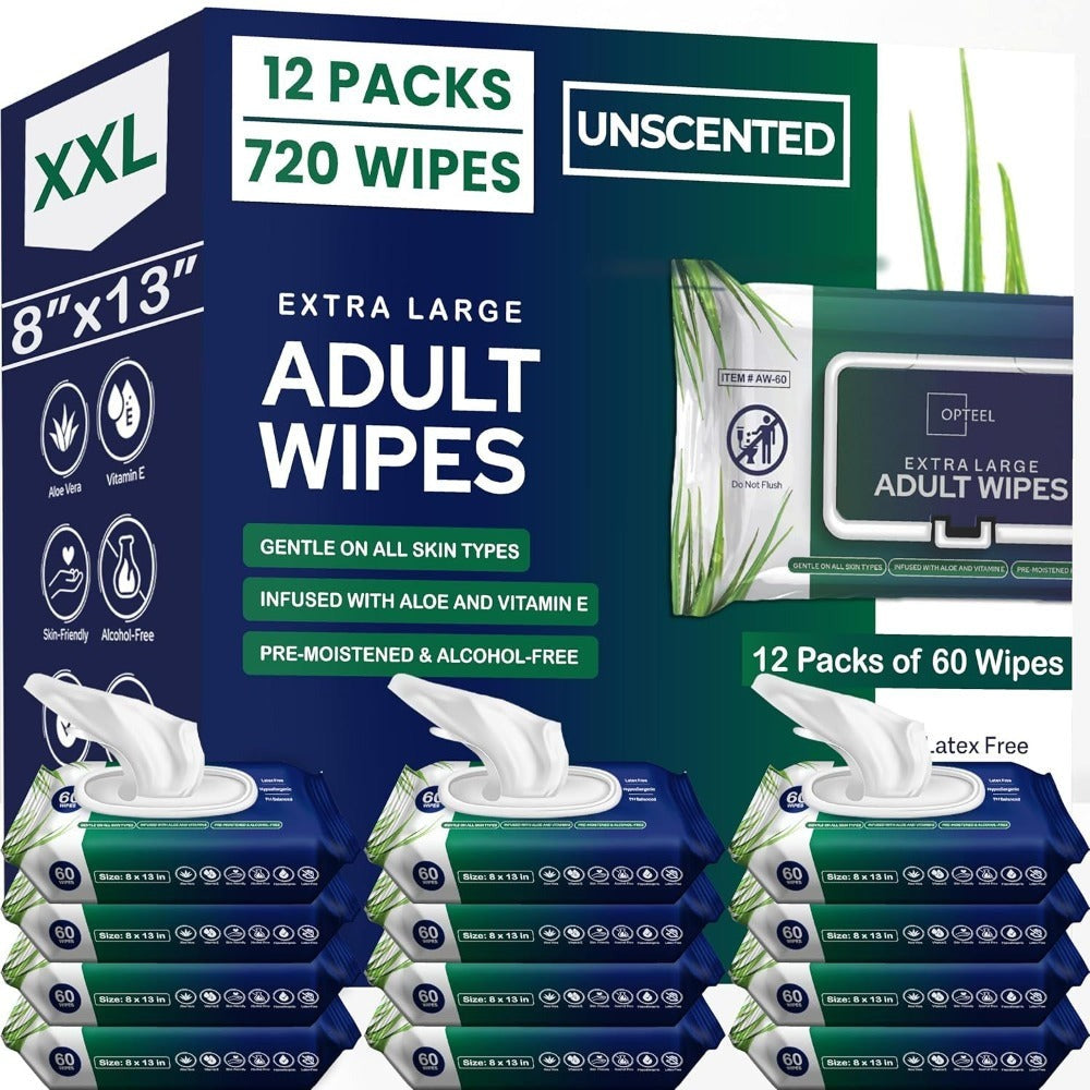 Extra Large Adult Wet Wipes 720ct Unscented 8x13 Inch - 12 Packs of 60 Soft Thick Disposable Bathing Wipes with Aloe & Vitamin E for Seniors Incontinence Personal Care, Alcohol-Free Latex-Free Hypoallergenic